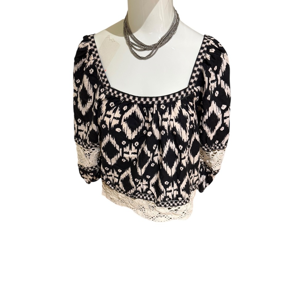 Christian Siriano Black White Boho Square Neck Cropped Blouse Top linen‎ blend S